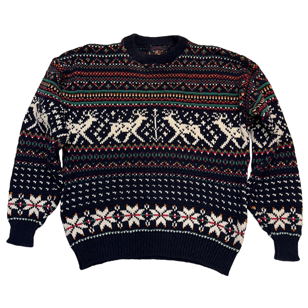American Portrait Vintage Navy Fair Isle Reindeer 100% Cotton Made in USA Size L